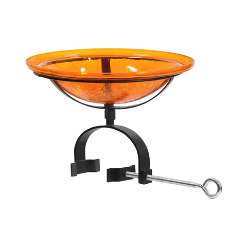 Oakestry Mandarin Orange Crackle Rail Bracket Birdbath Outdoor Garden Glass Water Bowl Railing