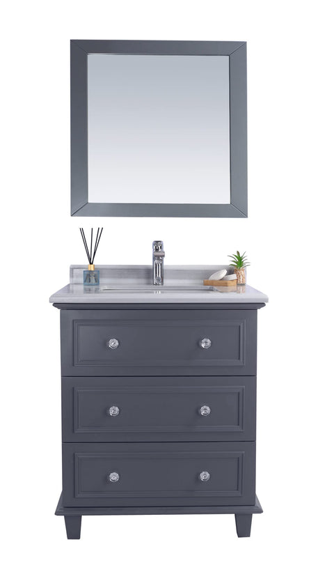 Oakestry Luna 30 Inch Maple Grey Bathroom Vanity White Stripes Marble Countertop Modern Single Sink Freestanding Storage Soft Close Doors Washroom Cabinet