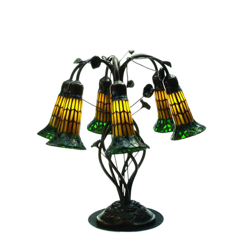 Oakestry 19" Pond Lily Table Lamp, Tiffany Style 6-Light Stained Glass in Amber & Green, Mahogany Bronze Base, Vintage Floral Lighting