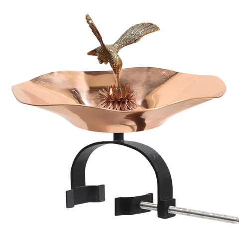 Oakestry Hummingbird Copper Birdbath with Over Rail Bracket, Flower-Shaped Bird Bath with Brass Hummingbird for Balcony, Deck & Garden Décor