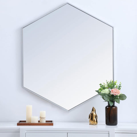 Oakestry Metal Frame Hexagon Mirror 38 inch in Silver