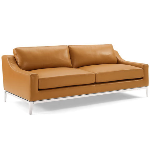 Oakestry Luxury Inspired Harness Stainless Steel Base Leather Sofa Tan Comfortable Indoor Sofa for Living Room Apartment Lounge Reception Area Premium Everyday Styling