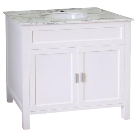 Oakestry 36" Single Sink Bathroom Vanity Cabinet, White Finish with White Marble Top, Freestanding Solid Birch Wood, Oval Undermount Sink, Nickel Hardware