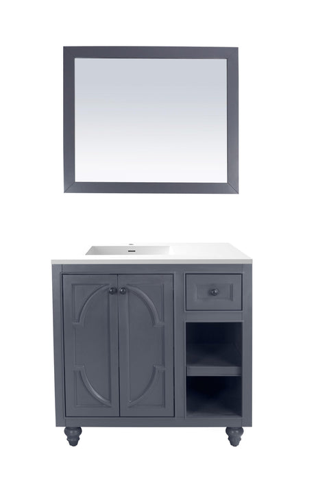 Oakestry Odyssey 36 Inch Maple Grey Bathroom Vanity Single Sink Matte White Viva Stone Solid Surface Countertop Freestanding Modern Storage Cabinet Soft Close Doors Premium Washroom Furniture