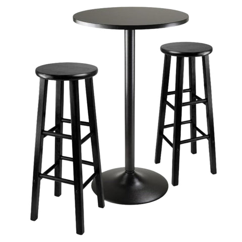 Oakestry Obsidian 3-Piece Round Pub Table Set with Round Seat Bar Stools, Black Finish