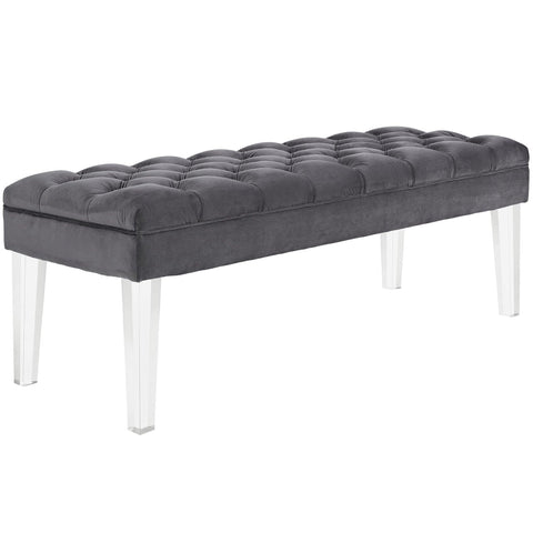 Oakestry Valet Performance Velvet Bench, Gray Tufted Upholstered Accent Bench with Clear Acrylic Legs for Bedroom, Entryway & Living Room
