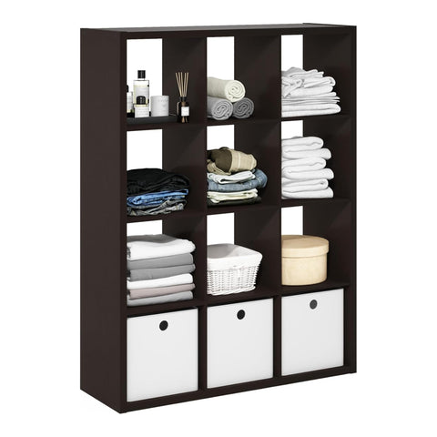 Oakestry Cubicle Open Back Decorative Cube Storage Organizer 12 Cube Wooden Shelving Unit Freestanding Display Shelf Modern Home Office Furniture (Dark Oak)
