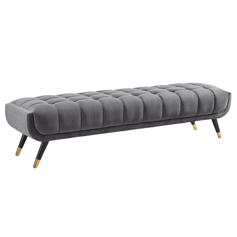 Oakestry Adept Performance Velvet Bench, Mid-Century Modern Upholstered Accent Bench with Birchwood Frame and Gold Metal Accents, Gray