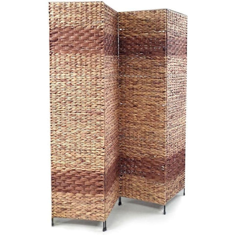 Oakestry Jakarta B Folding Screen Metal Frame with Water Hyacinth Inserts Natural Color Espresso Bands 4 Panels 60 Inch W X 67 Inch H X 1 Inch D Room Divider