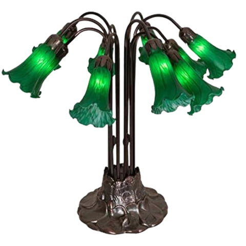 Oakestry 22" Green Pond Lily Table Lamp, 10-Light Tiffany Style Emerald Stained Glass Shades, Mahogany Bronze Base, Vintage Floral Lighting