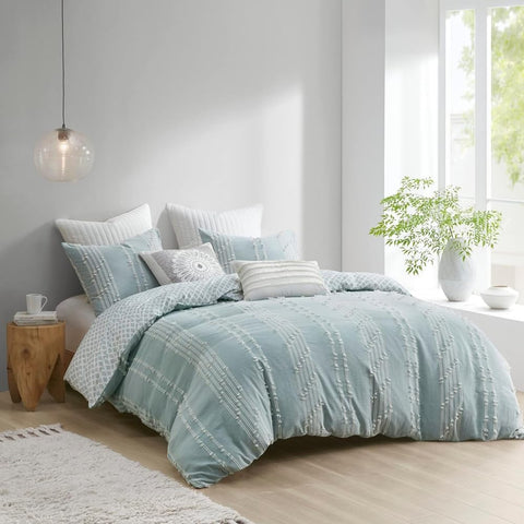 Chic Boho Cozy Comforter Set All Season Cozy Bedding with Matching Shams 100% Cotton Jacquard Comforter Set, Full/Queen, Aqua Reversible Stripes