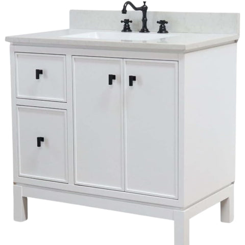 Oakestry 37" Single Sink Bathroom Vanity Cabinet, White Finish with White Engineered Stone Top, Freestanding Solid Wood, Integral Ceramic Sink, Matte Black Hardware