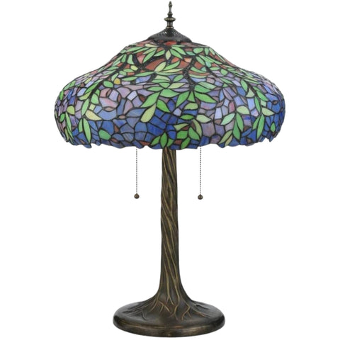 Oakestry 26" Laburnum Table Lamp, Tiffany Style Plum & Blue Stained Glass with Green Accents, Twisted Tree Base, Vintage Lighting