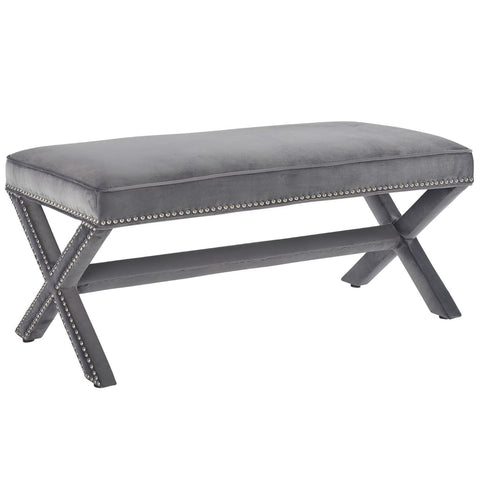 Oakestry Rivet Performance Velvet Bench, Modern Upholstered Accent Bench with Nailhead Trim and X-Base Frame, Gray