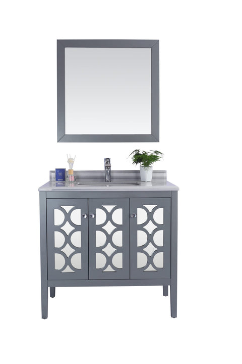 Oakestry Mediterraneo 36 Inch Grey Bathroom Vanity White Stripes Marble Countertop Modern Single Sink Freestanding Storage Soft Close Doors Luxury Washroom Cabinet