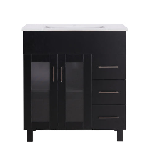 Oakestry Nova 32 Inch Espresso Bathroom Vanity White Ceramic Basin Countertop Modern Single Sink Freestanding Storage Soft Close Doors Designer Washroom Cabinet