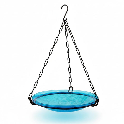Oakestry 14" Teal Blue Crackle Glass Hanging Birdbath with Wrought Iron Chain & Hook, Decorative Outdoor Bird Bath for Garden, Patio, Porch