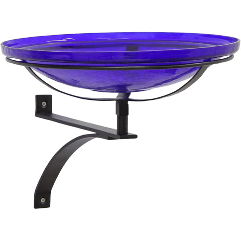 Oakestry 14" Cobalt Blue Crackle Glass Birdbath with Wrought Iron Wall Mount Bracket, Outdoor Bird Bath for Fence, Deck, Porch, Balcony