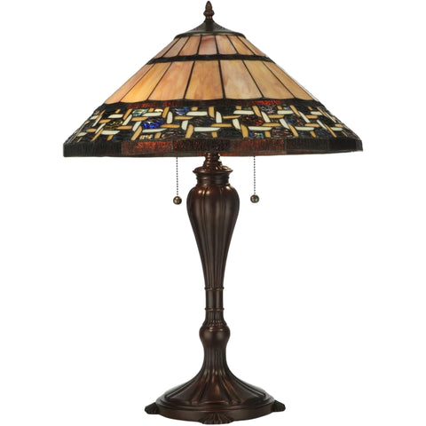 Oakestry 25" Ilona Table Lamp, Stained Glass Shade with Honey Beige Knotwork Design, Blue Green Rippled Glass, Mahogany Bronze Base