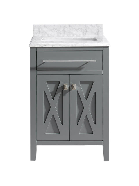 Oakestry Wimbledon 24 Inch Bathroom Vanity with White Carrara Marble Top, Undermount Ceramic Sink, Soft Close Doors, Solid Oak Cabinet, Grey
