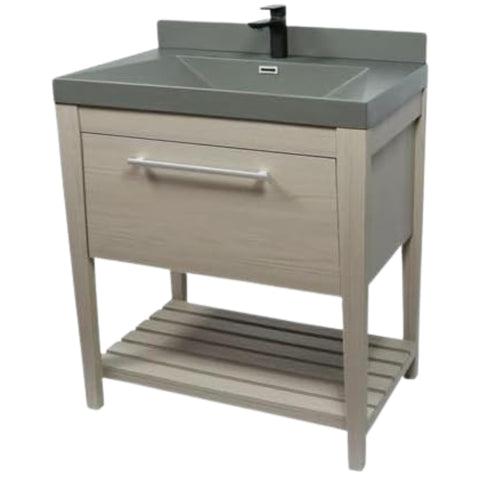 Oakestry 31.5" Single Sink Bathroom Vanity Cabinet, Light Gray Finish with Gray Composite Granite Top, Freestanding, Integrated Quadrilateral Sink, Brushed Nickel Hardware