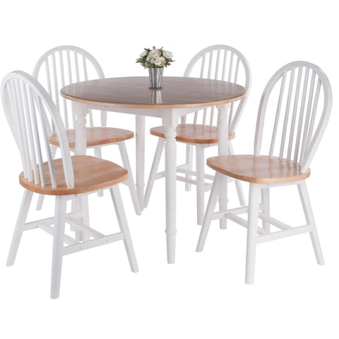 Oakestry Sorella 5-Piece Drop Leaf Dining Set with Windsor Chairs, Natural & White – Space-Saving Dining Table with 4 Chairs for Kitchen, Dining Room, or Apartment