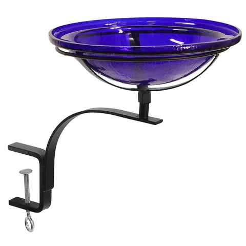 Oakestry 12 Inch Cobalt Blue Crackle Birdbath Rail Mount Bracket Decorative Outdoor Garden Water Bowl Textured Finish Durable Build Balcony Patio Accent Weather Resistant Long Lasting