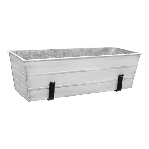 Oakestry Medium White Flower Box with Clamp On Brackets Outdoor Railing Planter Decorative Metal Container for Balconies Decks Porches Fences Floral Herb Greenery Displays