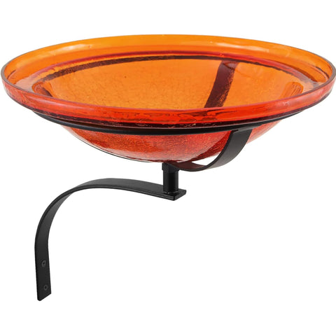 Oakestry 12" Mandarin Orange Crackle Glass Birdbath with Wrought Iron Wall Mount Bracket, Outdoor Bird Bath for Fence, Deck, Porch, Balcony