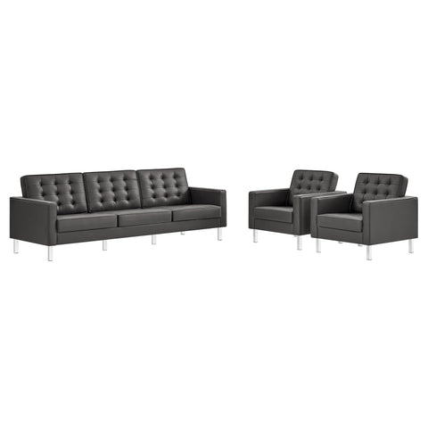 Oakestry Luxury Inspired Loft 3 Piece Tufted Upholstered Faux Leather Set Comfortable Indoor Furniture for Living Room Apartment Lounge Reception Area Premium Home Styling
