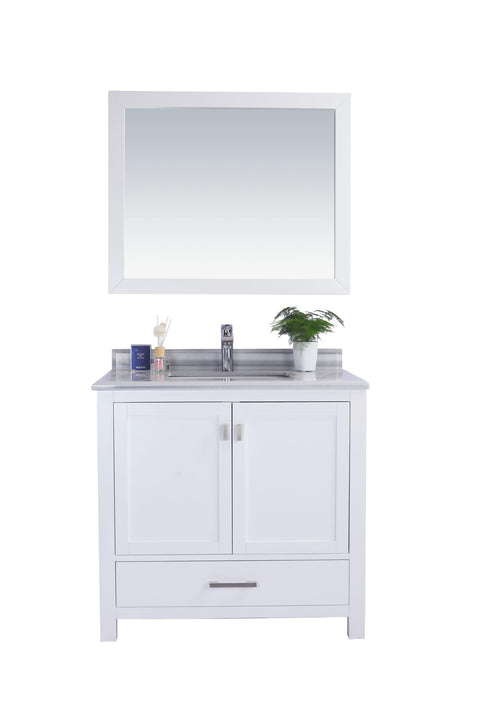 Oakestry Wilson Bathroom Vanity with White Stripes Marble Countertop & Ceramic Sink, Solid Oak Wood Cabinet, Soft Close Doors & Drawer, Pre-Assembled, White