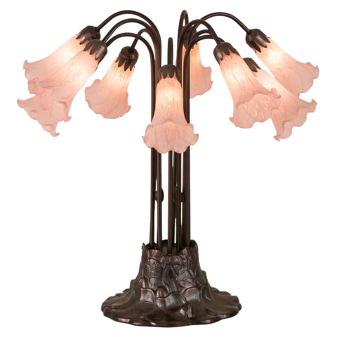 Oakestry 24" Pink Pond Lily Table Lamp, 10-Light Tiffany Style Stained Glass Shades, Mahogany Bronze Base, Floral Vintage Lighting