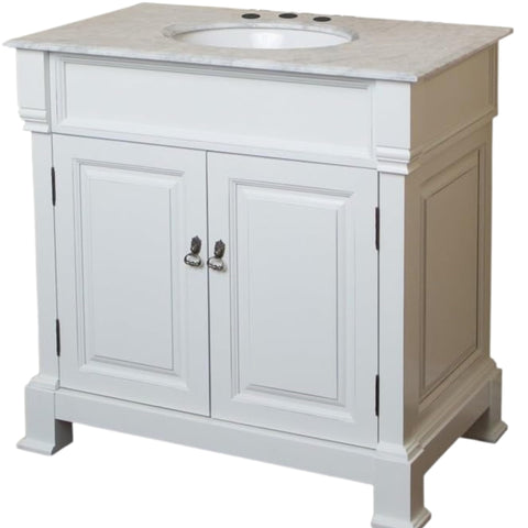 Oakestry 36" Single Sink Bathroom Vanity with White Marble Top, Solid Birch Wood Cabinet, Freestanding, White Finish, Antique Brass Hardware