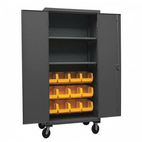 Oakestry Mobile Cabinet 36 x 24 x 81 in 12 Gauge Steel 2 Adjustable Shelves 12 Yellow Bins Recessed Doors Casters Pad Lock Handle Gray Storage Cabinet