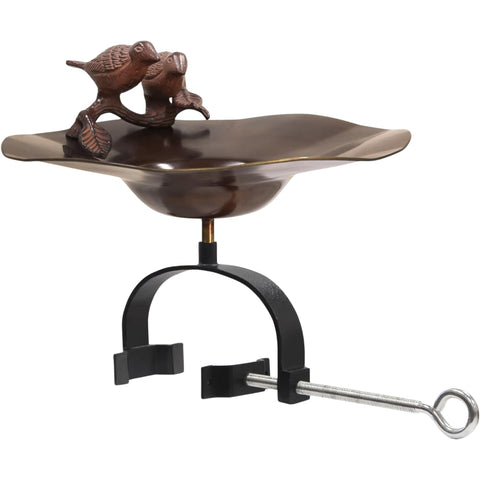 Oakestry Antiqued Birdbath with Over Railing Bracket, Copper Finish Bowl with Lovebird Design, Clamp Mount for Balcony Deck Rail, Outdoor Garden Décor