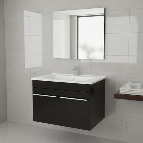 Oakestry 24.4" Wall Mount Bathroom Vanity with Integrated Ceramic Sink, Solid Birch Wood Cabinet, Black Finish, Floating Design, Nickel Hardware