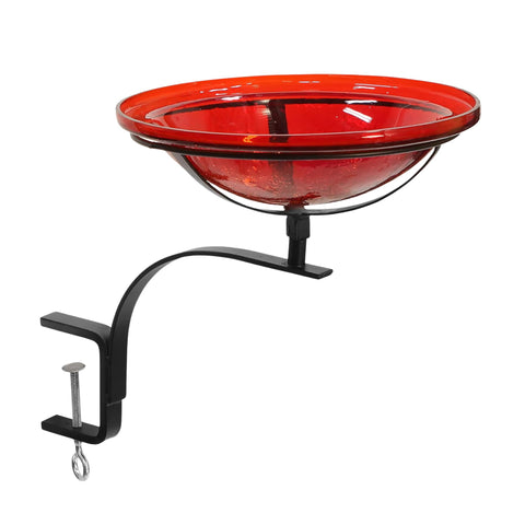 Oakestry Red Crackle Rail Mount Bracket Birdbath Outdoor Garden Glass Water Bowl Railing