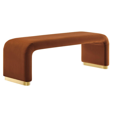 Oakestry Koda Performance Velvet Waterfall Long Bench, Modern Upholstered Entryway and Living Room Accent Bench, Brass Rust