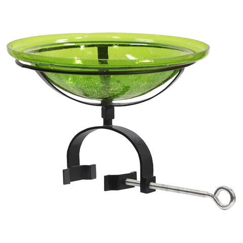 Oakestry 12 Inch Fern Green Crackle Birdbath Over Rail Bracket Decorative Outdoor Garden Water Bowl Stylish Texture Durable Build Balcony Patio Accent Weather Resistant Long Lasting