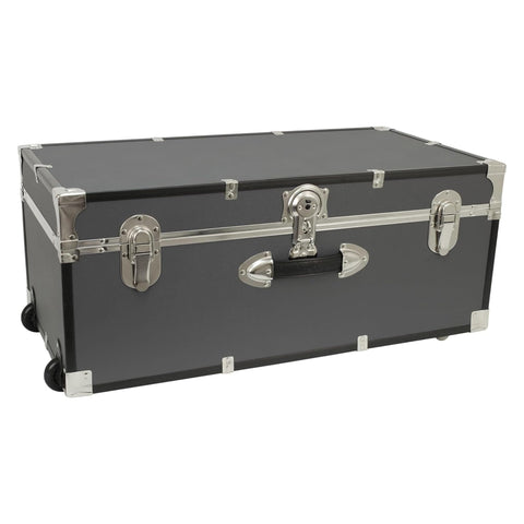 Oakestry Lockable Gray Travel Trunk Wheeled Metal Storage Chest Heavy Duty Portable Secure Organizer With Impact Corners