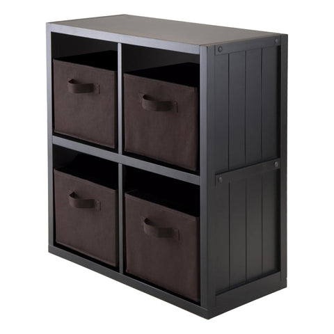 Oakestry Timothy Wooden Grid Shelf with Four Fabric Baskets Modern Cube Storage Organizer for Living Room Bedroom Entryway Home Office Space Saving Display Unit Black
