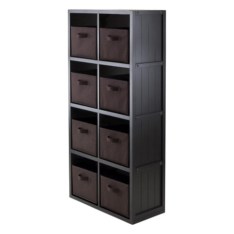 Oakestry Timothy Wooden Grid Shelf with Eight Fabric Baskets Modern 4x2 Cube Storage Organizer for Living Room Bedroom Entryway Home Office Space Saving Display Unit Black