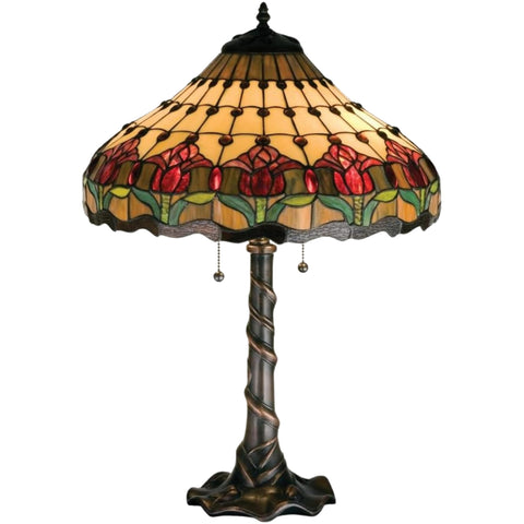 Oakestry 26" Colonial Tulip Table Lamp, Tiffany Style Beige & Pink Stained Glass with Green Accents, Mahogany Bronze Base, Vintage Floral Lighting