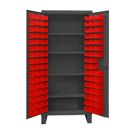 Oakestry Extra Heavy Duty Cabinet 12 Gauge 36 x 24 x 78 4 Adjustable Shelves 96 Red Bins Recessed Door with Louvered Panel 6 Door Shelves Cast Iron Pad-Lockable Handle Gray