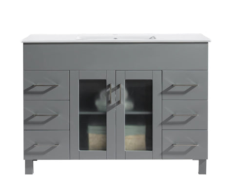 Oakestry Nova 48 Inch Grey Bathroom Vanity Single Sink White Ceramic Basin Countertop Freestanding Modern Storage Cabinet Soft Close Doors Contemporary Washroom Furniture