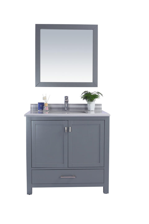 Oakestry Wilson Bathroom Vanity with White Stripes Marble Countertop, Undermount Ceramic Sink, Solid Oak Wood Cabinet, Soft-Close Doors, 4 Outlets, Grey