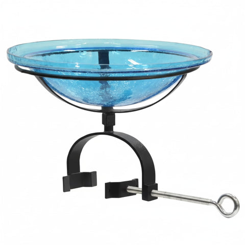 Oakestry 12" Crackle Glass Birdbath with Over Railing Bracket, Clamp-On Balcony Bird Bath, Decorative Blown Glass Bowl for Patio, Deck & Garden