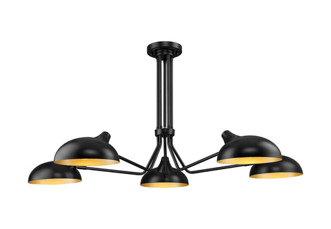Oakestry Modern 5-Light Matte Black Semi Flush Mount Ceiling Light with Gold Inner Shade, Industrial Style Steel Fixture for Bedroom, Dining Room, Bathroom and Foyer Décor