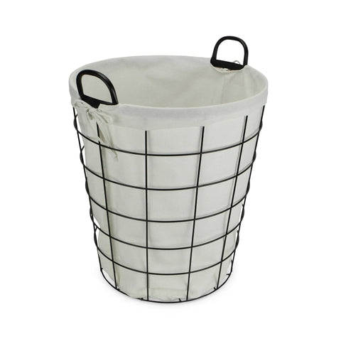 Oakestry 16" Diameter Laundry Basket Metal Wire with Fabric Liner Round Storage Organizer Decorative Bin Laundry Hamper Modern Home Organizer for Bedroom Bathroom Living Room Closet