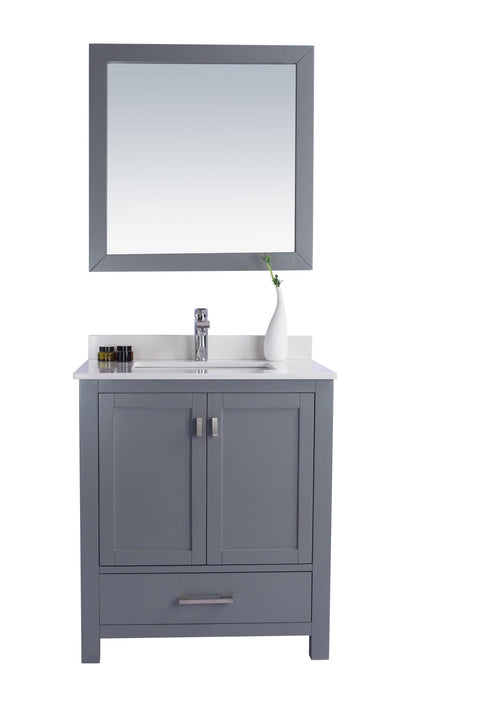 Oakestry Wilson Bathroom Vanity with White Quartz Countertop, Solid Oak Wood Cabinet, Undermount Ceramic Sink, Soft-Close Doors, 4 Built-in Outlets, Grey, Pre-Assembled